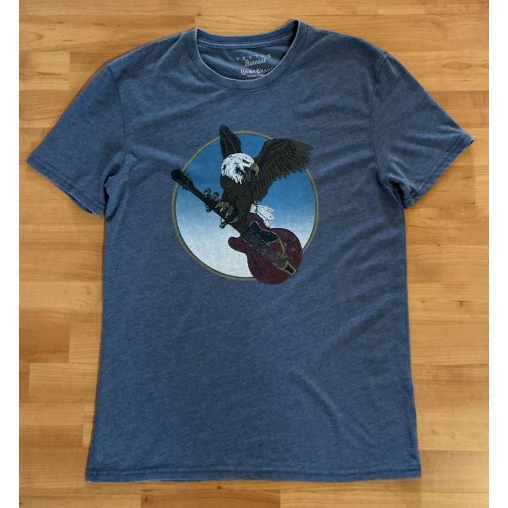 Lucky Brand Venice Burnout Eagle Guitar Graphic Tee Blue Heather Men's Small